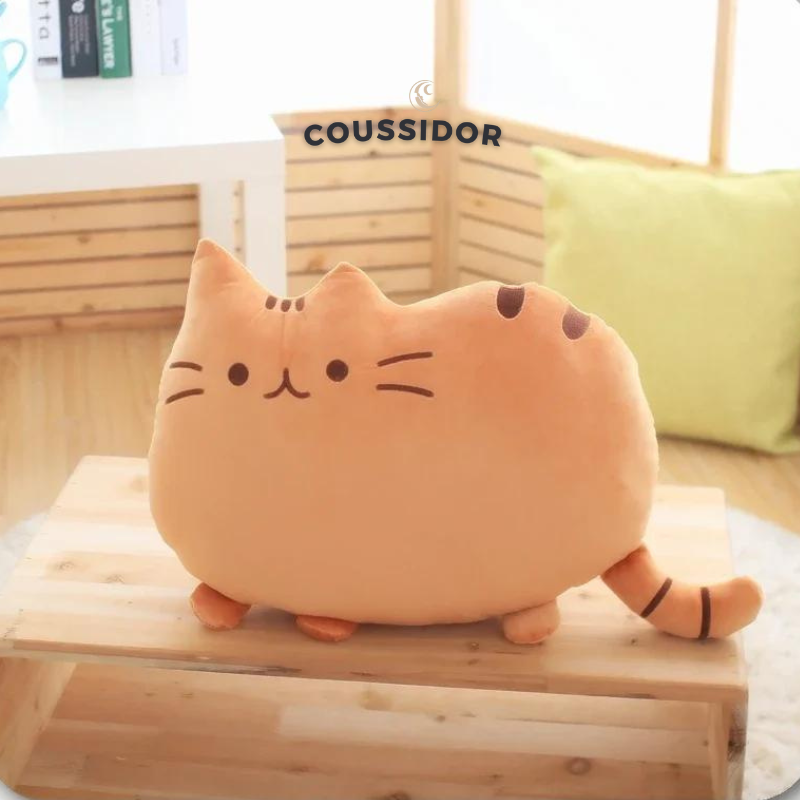 Coussin peluche chat aplati